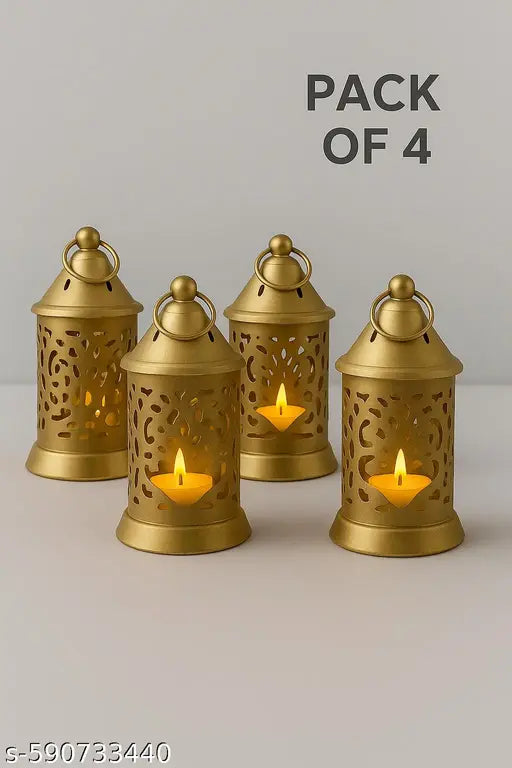 Golden Decorative Lanterns with Candle Light – Pack of 4