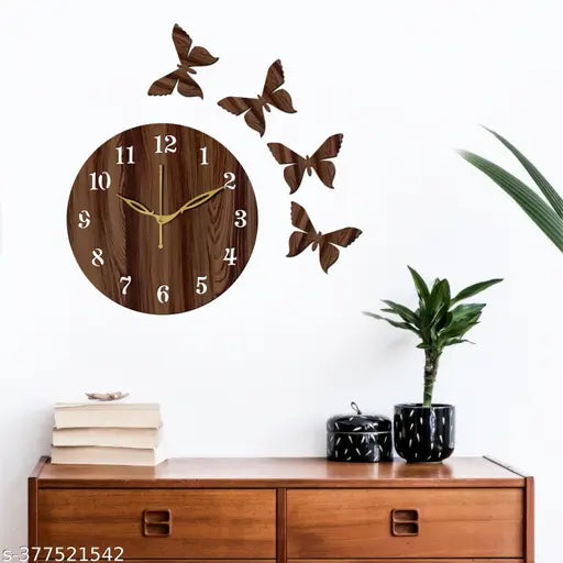 Wall Clock-001 Brown 25x25cm Wall Clocks for Home | Wall Clock for Living Room Bedroom | Designer Wooden Butterflies Clock