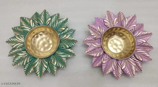 AM Handicrafts Leaf Shape Metal 7 Inches Urli Bowl for Floating Flowers, Candles, Home Décors,Gift & Diwali Decorations, Set of 2 ( Pink & Dark Green )