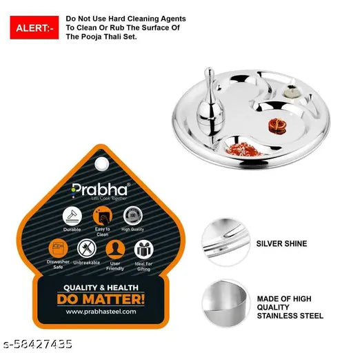 Stainless Steel Om Special Puja Thali Set of 2 Items, Thali with Ring Bell(Ghanti), for Home and Office Temple and Pooja Room, for Diwali, Navratri Poojan/Pooja Room/Diwali Gifting - Silver | Pooja Thali Set | Pooja Thali for Rakhi | Pooja Thali Large