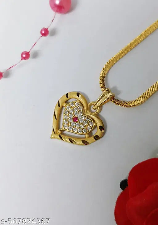 Microplated AD Gold heart Pendant with Chain + Free Finger Ring Gift – Divine Elegance for Every Soul Women