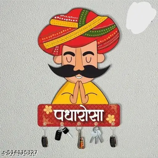 Padharo Rajasthani Wooden Wall Key Holder, Key Hanger for Living Room | Home Decor | Office Gift Items - 9' x 6' Inch Multi, (Pack of 1)