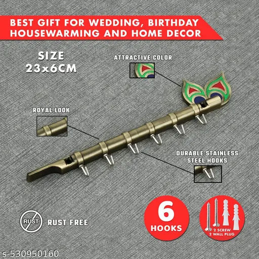 Krishna Flute Metal Key Holder with 6 Hooks | Brass Peacock Key Stand & Wall Mount Hanger | Home Decor Gift (23x6cm)
