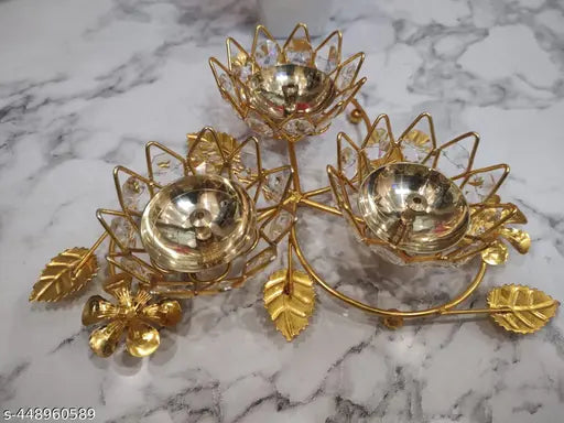 Brass Crystals Diya Tree 3 Aarti Akhand Diya Deepak, Oil lamp Table Diya Set for Lakshmi Puja, Home Decor, Mandir, Festival Gift | Height: 8 inches | (Piece 1) Golden Colour