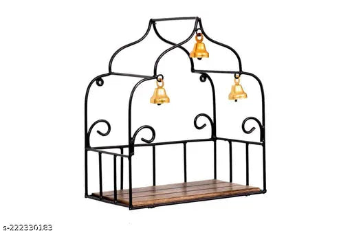 Wall Mounted Shelf Hanging Puja Temple Shelf with Bell Stylish Iron & Wood God Stand for Pooja Room Mandir Stand Temple | Home Temple Shelf for Mandir  Home Temple