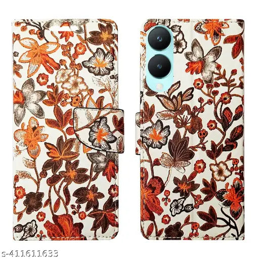 Orange Pattern Flip Cover for Vivo Y28 5G | Leather Finish|Shock Proof|Magnetic Clouser Compatible with Vivo Y28 5G (Orange)