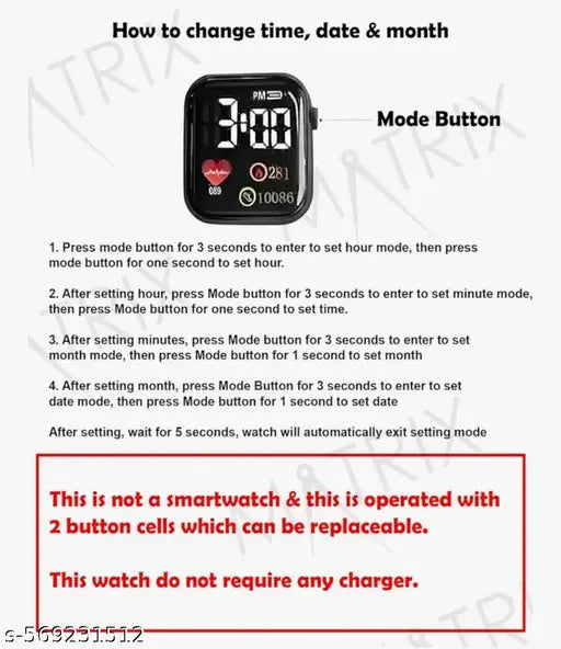 Stylish Waterproof Digital Date and Time Square Rectangular Display Watch for Kids Unisex Digital Watch for Baby Boys & Girls