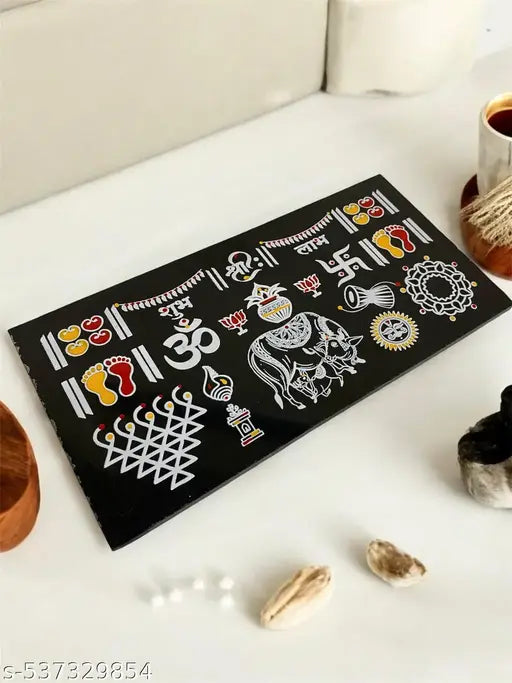 Shreekrushna Creations Art Handcrafted Granite Rangoli 12 X 6 featuring Om, Swastika, Kamadhenu cow, Sun, Moon, Saraswati and more symbol Traditional & Vibrant used for Home Décor, Pooja Mandir, door entrance, Festive season, Diwali water resistant and ea