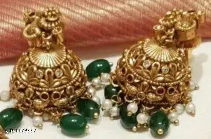 Traditional Temple Design Necklace (Haram) Set With Green And White Pearls (Drops) Paired With Earrings For Women And Girls Jewellery Set.