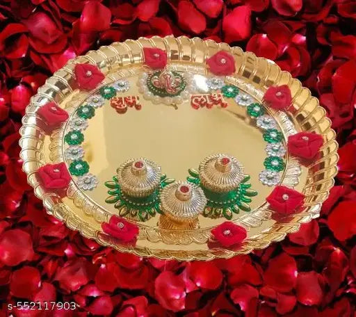 P.A. Decorative Golden Pooja Thali Set with Ganeshaji/Haldi kumkum Holder/Rolli chawal Plate for Rakhi,Wedding,Festival.[10 Inch]