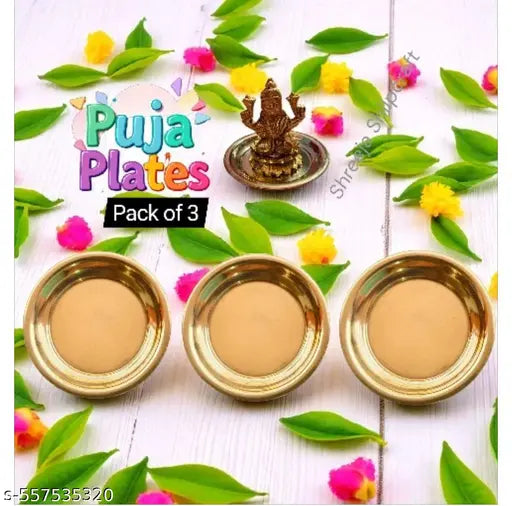 Pack of 3 Plates Pure Brass Small Size Puja Plate For Bhog ,Base For Deepak Multipurpose Use in Puja Small Size Plate