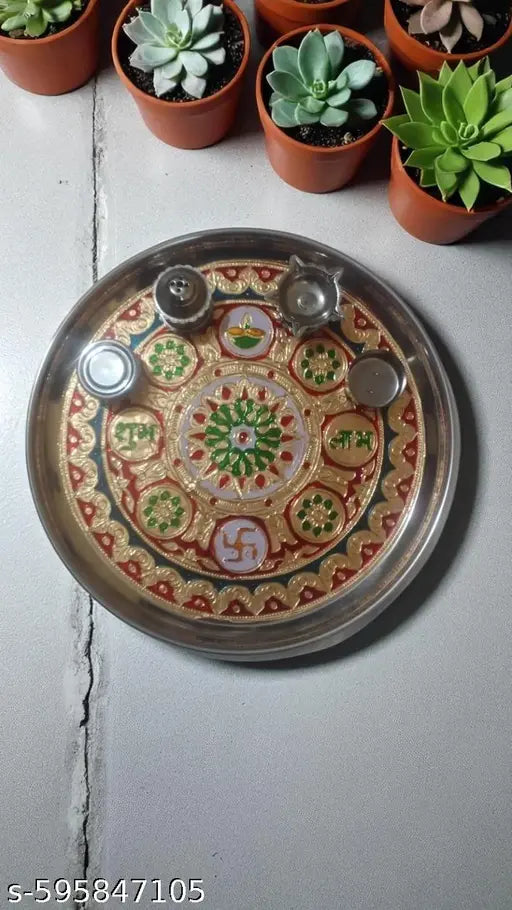Decorative Pooja thali/Ornate Embellished Pooja Plate/Traditional aarti thali/Decorated Pooja Tray/Indian Pooja thali with diyas/Puja thali Set with Incense Holder (10 inch)