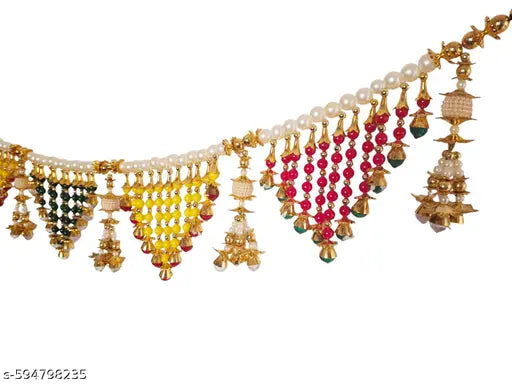 Tuski Traditional Pearl Beaded Toran Door Hanging | Decorative Wall Hanging with Yellow, Green, and Beads, Gold-Toned Accents Size 3-FT Multicolor