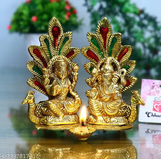 Lakshmi Ganesha Metal Idol with Diya | Peacock Design | 14 cm | Diwali Pooja & Home Temple Decor