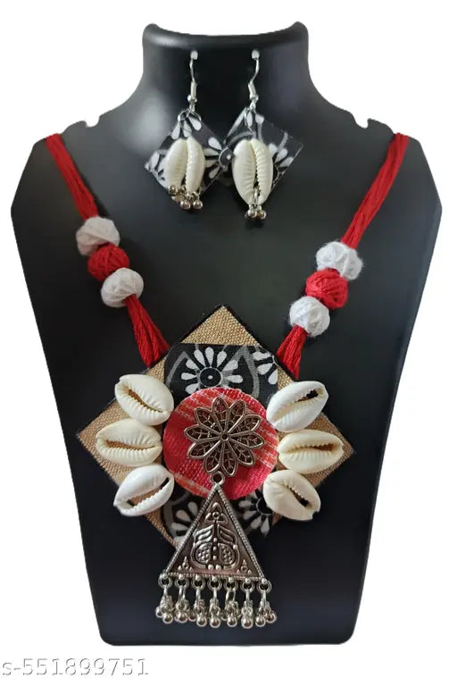 Handcrafted Tribal Shell Necklace Set with Earrings, Red Thread, Multicolour Beads and Metal Pendant (Pack of 2).