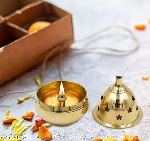 Brass Akhand Diya with Star Holes Cover, Small Oil Lamp for Pooja- Home Temple and Diwali ( Height : 7 cm )