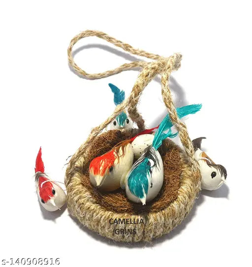 CAMELLIA GRINS Handmade Artificial Jute Hanging Birds with Hanging Nest Jhumar Showpiece Chidiyan Ka Ghosla for Home Décor Home Decoration Pack of 1 Decorative Jhumar- 23 cm (Jute, Multicolor)