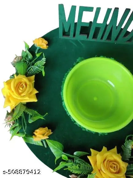 Mehndi Platter Wedding Decoration Artificial Flower Mehndi Tray Wood Jute (1 Pieces, Mehndi)
