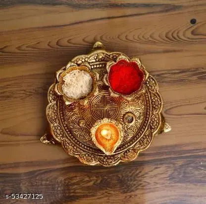 Pooja Thali With 3 Diya For Home,Temple,Office And Gifting Purpose Size Metal L-B-H-18x18x4 cm