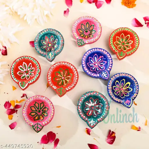 PAck of 12 Pice Unic Design Decorative Clay Diya, Glossy Finish Color Designer Clay Diyafor puja Earthenware (Pack of 12) Table Diya Se