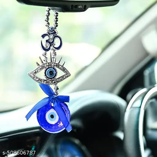 Hindcraft Wall Hanging Decor – Metal Om Design Evil Eye Wall Hanging with Blue Pendant | Spiritual Protection Amulet for Home, Office, Car | Lucky Charm & Wind Chimes for Positive Energy