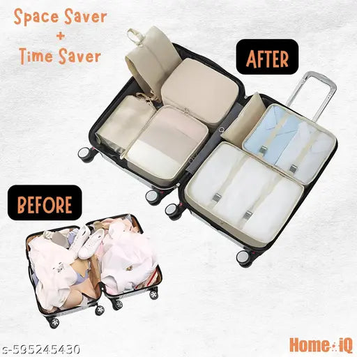 7pcs Set Travel Organizer Packing Cubes Lightweight Travel Luggage Organizers with Laundry Bag | Toiletry Bag Laundry Organiser (7 PCS) Polyester with Shoe Bag (Beige)