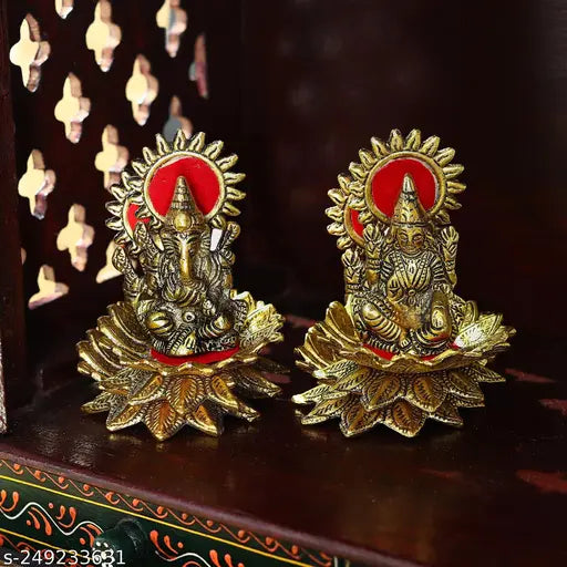 PAYSTORE Lotus Sitting Lord Lakshmi/Ganesha Laxmi/Ganesh Golden Metal Statue Antique Finish Murti Idol for Temple Puja Pooja Room Home Decor