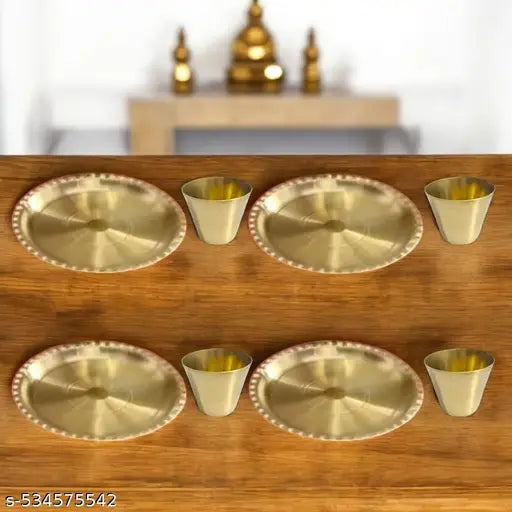 Pure Brass Pooja Thali With Glass for Puja, Office, Temple - 8 Pcs Set