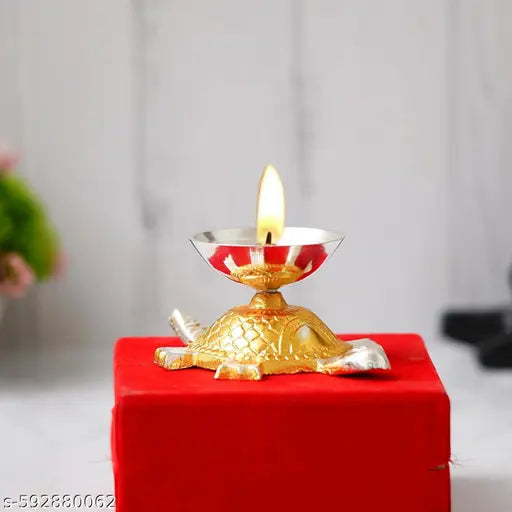 Collections Tortoise Akhand Brass Diya Oil Lamp, Brass Diya with Metal Turtle Base, (4.5 Inches Length, Multicolor) PACK OF 1