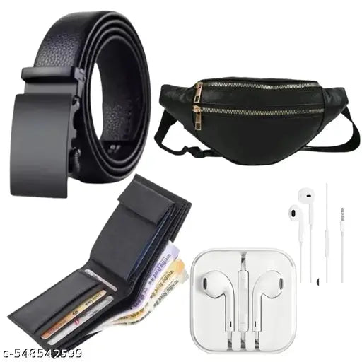 Buy mens and boys trendy black belt and get  two fold album wallet , wired handfree and side bag travel bag free