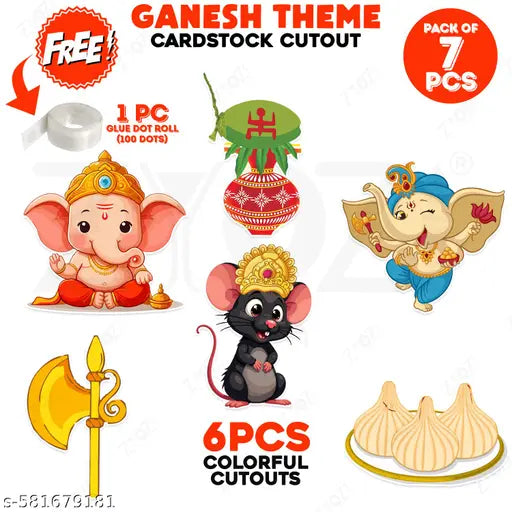 Zyozi® Ganeshh Chaturthi Decorations Items | Ganeshh Pooja Backdrop Decorations CardStock Cutout & Glue Dot | Puja Backdrop Items CardStock - Multicolor (Pack of 7)