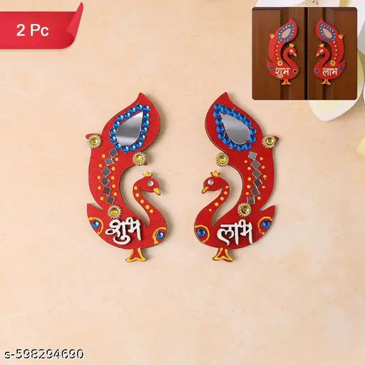 Decorative Wooden Shubh Labh Wall Hanging | Traditional Peacock Design with Mirror & Stone Work for Home Entrance, Festive Diwali Decor & Gifting (Set of 2)