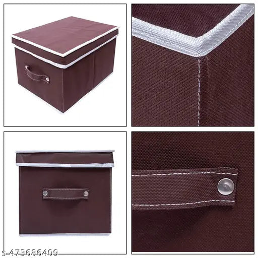 Solid Non-Woven Rectangular Foldable Storage Box/Bin Multi-Utility Wardrobe Organizer with Lid & Handles, Extra Large For Kids, Books, Magazines, Clothes (Brown, Set of 1)