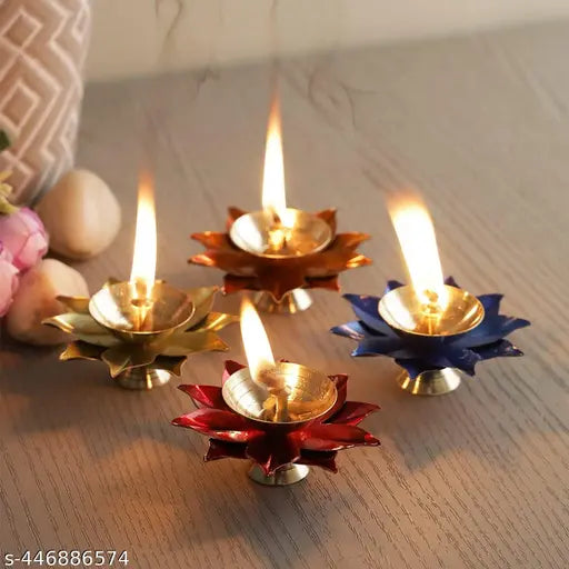 Srajan Lotus Diya Small Pack of 4 - 3 Inch Handcrafted Brass Oil Lamps for Spiritual & Decorative Use