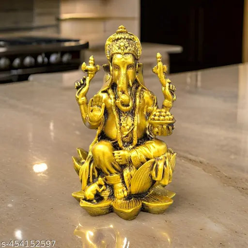 Sai Collection Gold Plated Polyresin Ganesh Idol Murti For Ganesh Chaturthi Gift, Diwali Gift  Resin Ganesh Sitting On Lotus Idol Decorative Showpiece