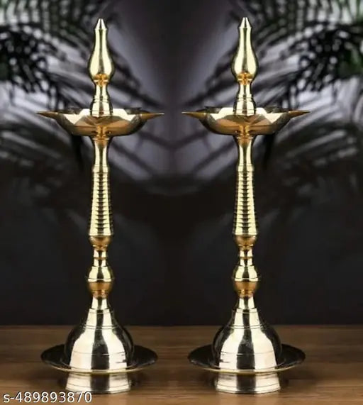 Set of 2 Brass Kerala Diya | Kashi Samayi Diya Oil Diwali Puja Lamp Golden Height 9 inch for Mandir, Traditional Rituals, Religious Purpose, Temple, Lighting, Decoration, Diwali Pooja