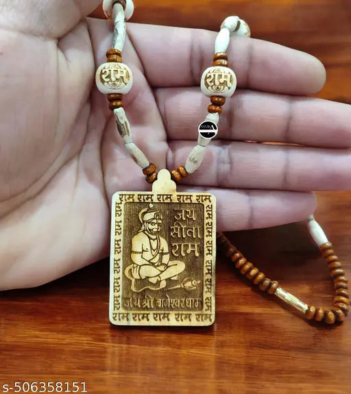 ANVIKA Carved Ram Tulsi Bead Tulsi Mala With Jay Sita Ram Hanuman ji Necklace Tulsi Wood Necklace