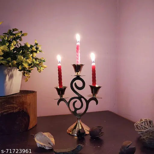 Amishi blissful decor 3 Arm Pure Brass Tabletop Candle Holder | Decorative Candle Stand (Pack of 1)