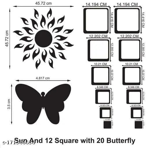 HOME DECORED Silver Sun Flame 12 Square Silver With 20 Butterfly Golden 3D Acrylic Mirror Wall Sticker Decoration for Kids Room/Living Room/Bedroom/Office/Home Wall.