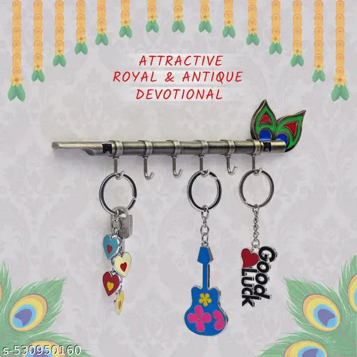 Krishna Flute Metal Key Holder with 6 Hooks | Brass Peacock Key Stand & Wall Mount Hanger | Home Decor Gift (23x6cm)