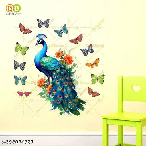 GRAPHICS DECOR | Green 3D Peacock with Butterflies Wall Stickers (61x66 cm)