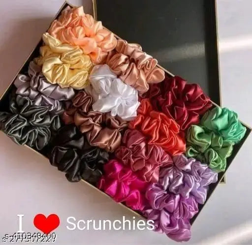 (Pack of 12) (Multicolor) Premium Silk Satin Scrunchies (Pack of 12) Rubber Rubber Band (Multicolor)