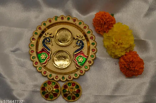 Peacock-Themed Round Pooja Thali – Perfect for Festivals & Worship