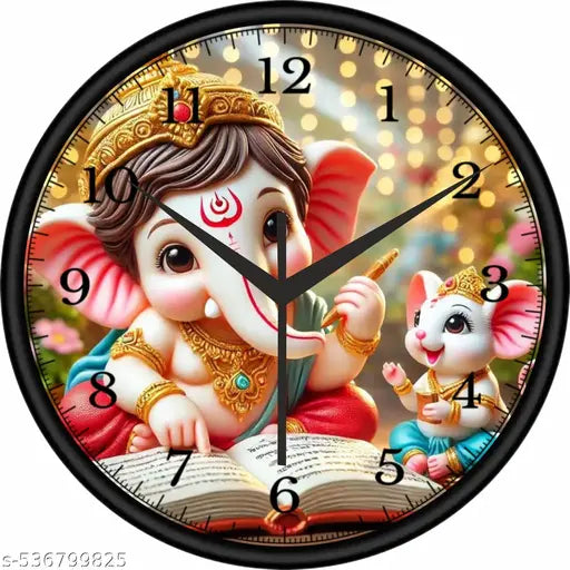 WELFARE INDIA 25x25 cm Ganesha clock for home Analog Wall Clock – Black, White & Gold | Plastic & Glass Round Clock for Home & Office Decor