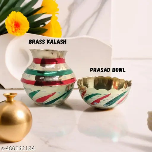 Pooja Combo Brass Lota Prasad Bowl - Brass Pooja Katori - Brass kalash - Pooja gift for home temple