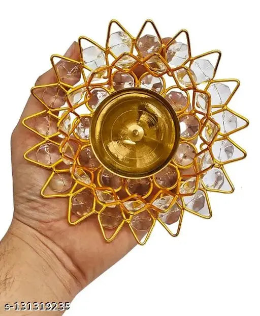 WHITE PAGADI GANESH JI AND GOLD PLATED PALTE AND Brass Akhand Lotus/Kamal Diya | Diamond Crystal Deepak/Dia | Akhand Jyot | Decorative Brass Crystal Oil Lamp| Puja Lamp Round Brass Crystal Akhand Diya | Deepak/Dia | Akhand Jyot | | Decorative Brass Oil La