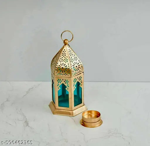 Golden Decorative Metal Lantern with Colored Glass (Set of 2)