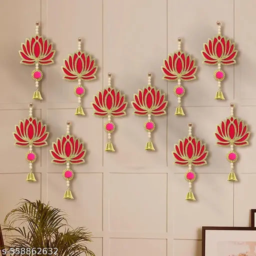 Lotus Pooja Backdrop Decoration Kit with Yellow Curtain & Pom Pom Bell Hangings | Traditional Festival & Mandir Decor Set