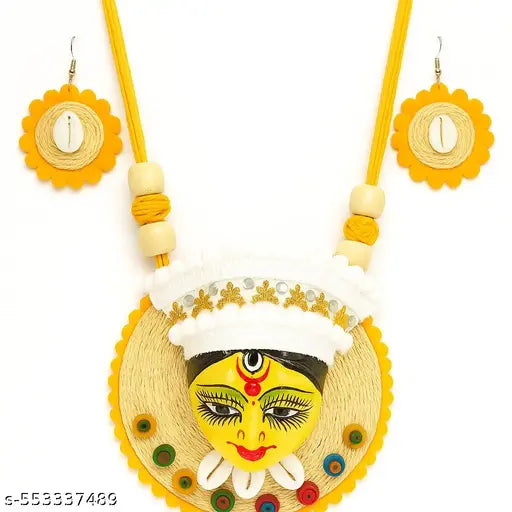 Handcrafted Terracotta Durga Goddess Jute Necklace Set, Traditional Indian Design, Yellow with Matching Earrings