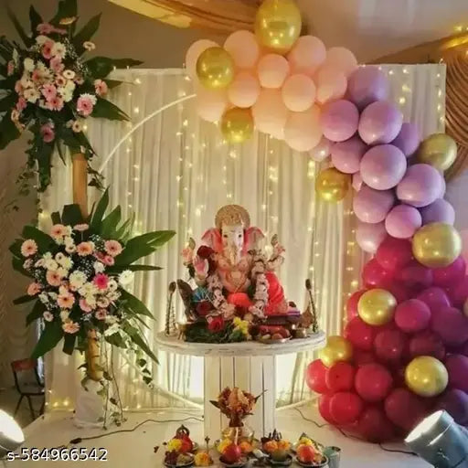 ganesh chaturthi decoration set with balloons curtains and led